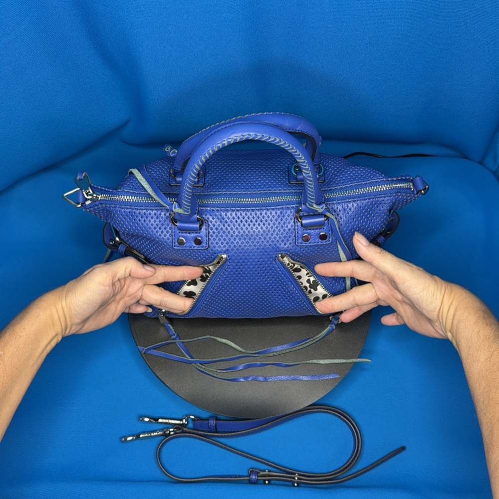 RARE REBECCA MINKOFF LARGE MOTO PERFORATED LEATHER ROYAL / COBALT BLUE SATCHEL - Picture 4 of 16